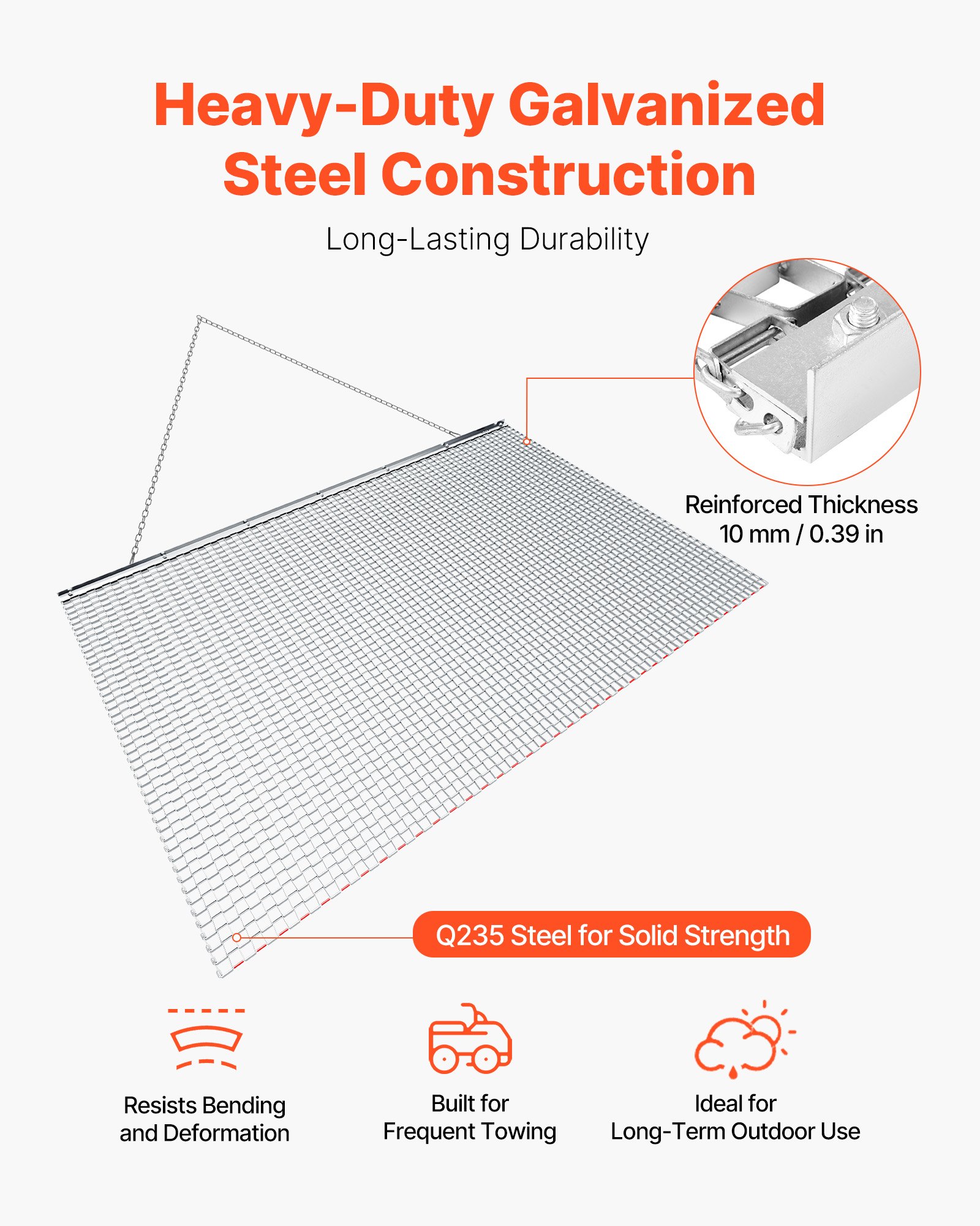 VEVOR getrokken eg, 201x122 cm, weide-eg, akker-eg van gegalvaniseerd staal met sleepketting, aanbouwdeel voor ATV's, UTV's en tractoren voor het egaliseren van grindwegen, paden en velden.