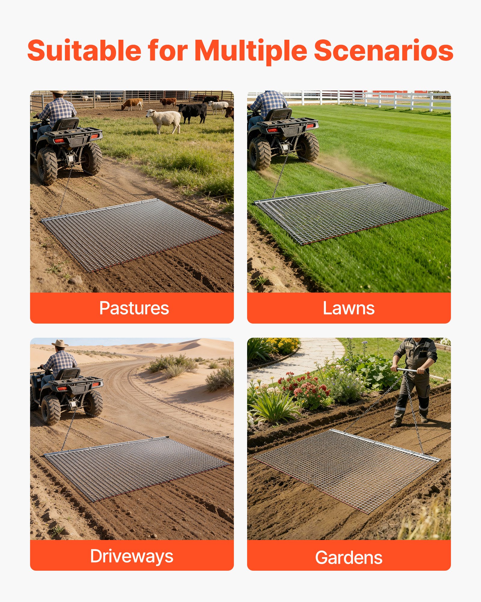 VEVOR getrokken eg, 201x122 cm, weide-eg, akker-eg van gegalvaniseerd staal met sleepketting, aanbouwdeel voor ATV's, UTV's en tractoren voor het egaliseren van grindwegen, paden en velden.