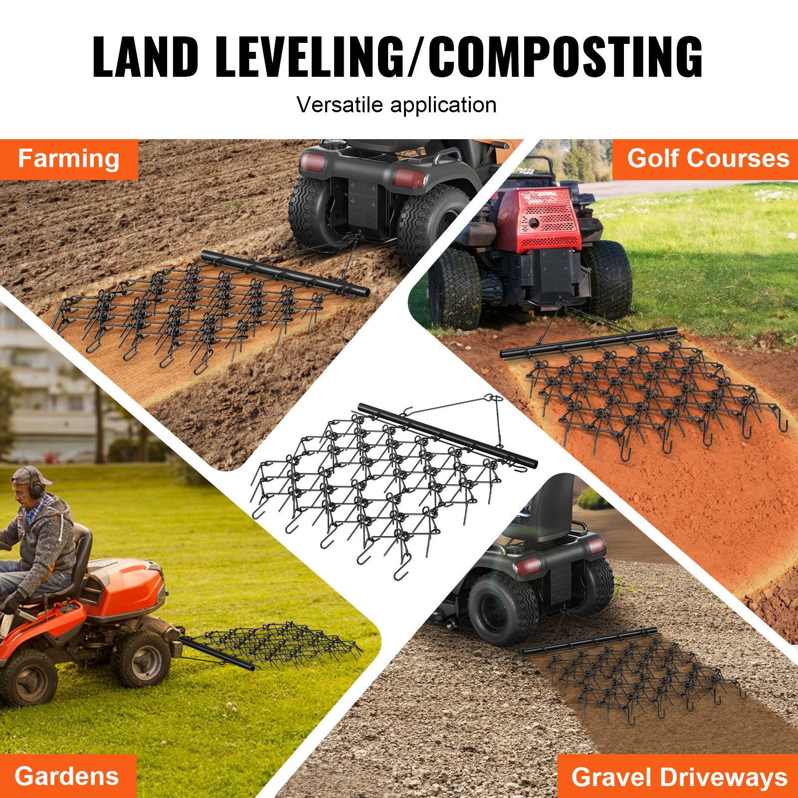 VEVOR Tractor Weide Eg 2000 x 1210 mm Weide Eg gemaakt van 4 mm dik Q235 staal Veld Eg met 69 x 10 cm lange tanden Eg 100 mm diameter van de trekhaak Stalen ketting eg Gazon Eg