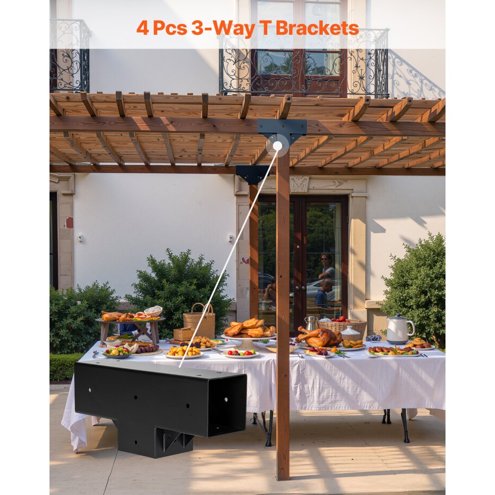 VEVOR paalconnectoren, 4-pack, T-vormige paalhoeken voor palen met een binnenmaat van 92 x 92 mm, 3-weg pergolabeugels, prieelbeugelset met schroeven