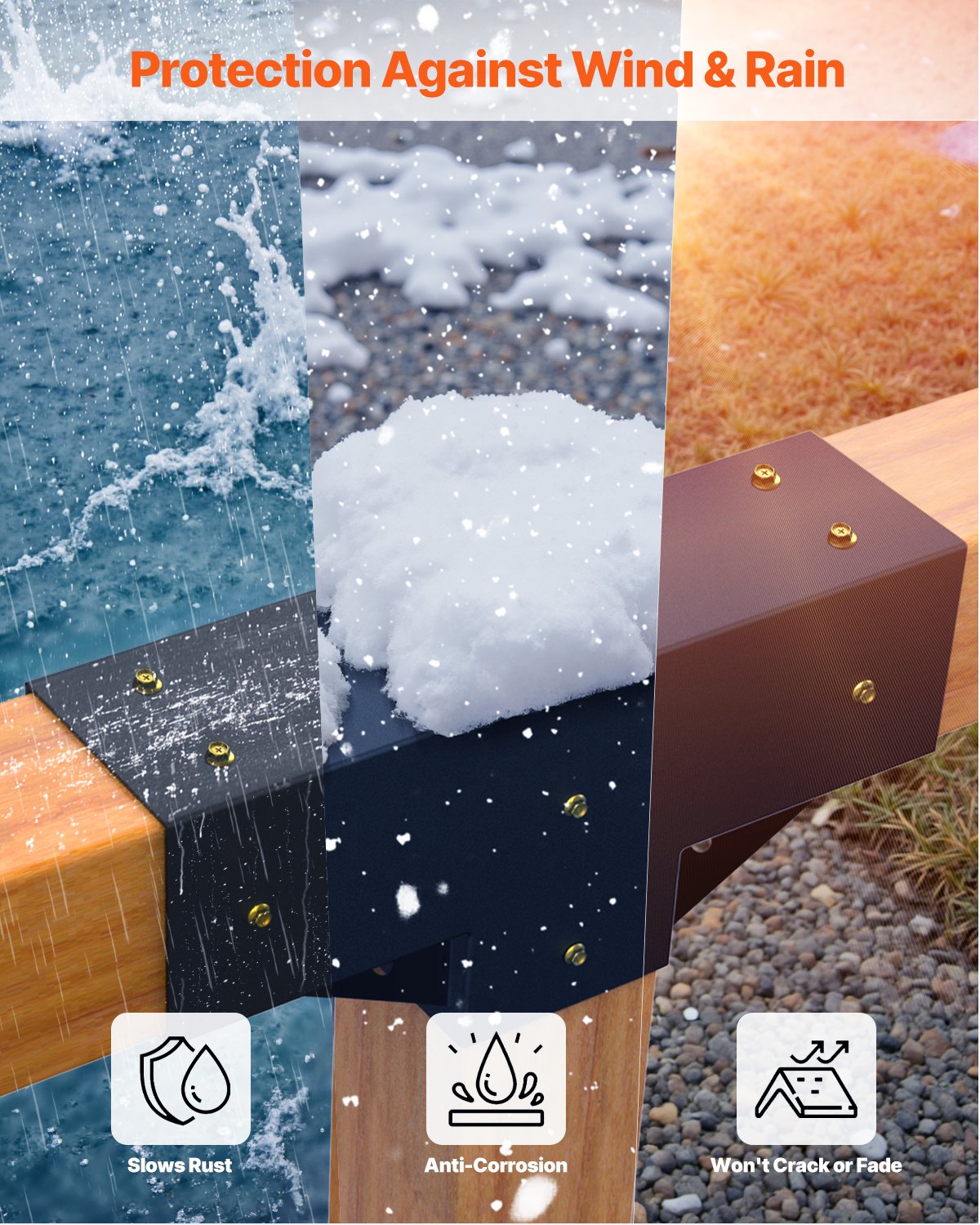 VEVOR paalconnectoren, 4-pack, T-vormige paalhoeken voor palen met een binnenmaat van 92 x 92 mm, 3-weg pergolabeugels, prieelbeugelset met schroeven