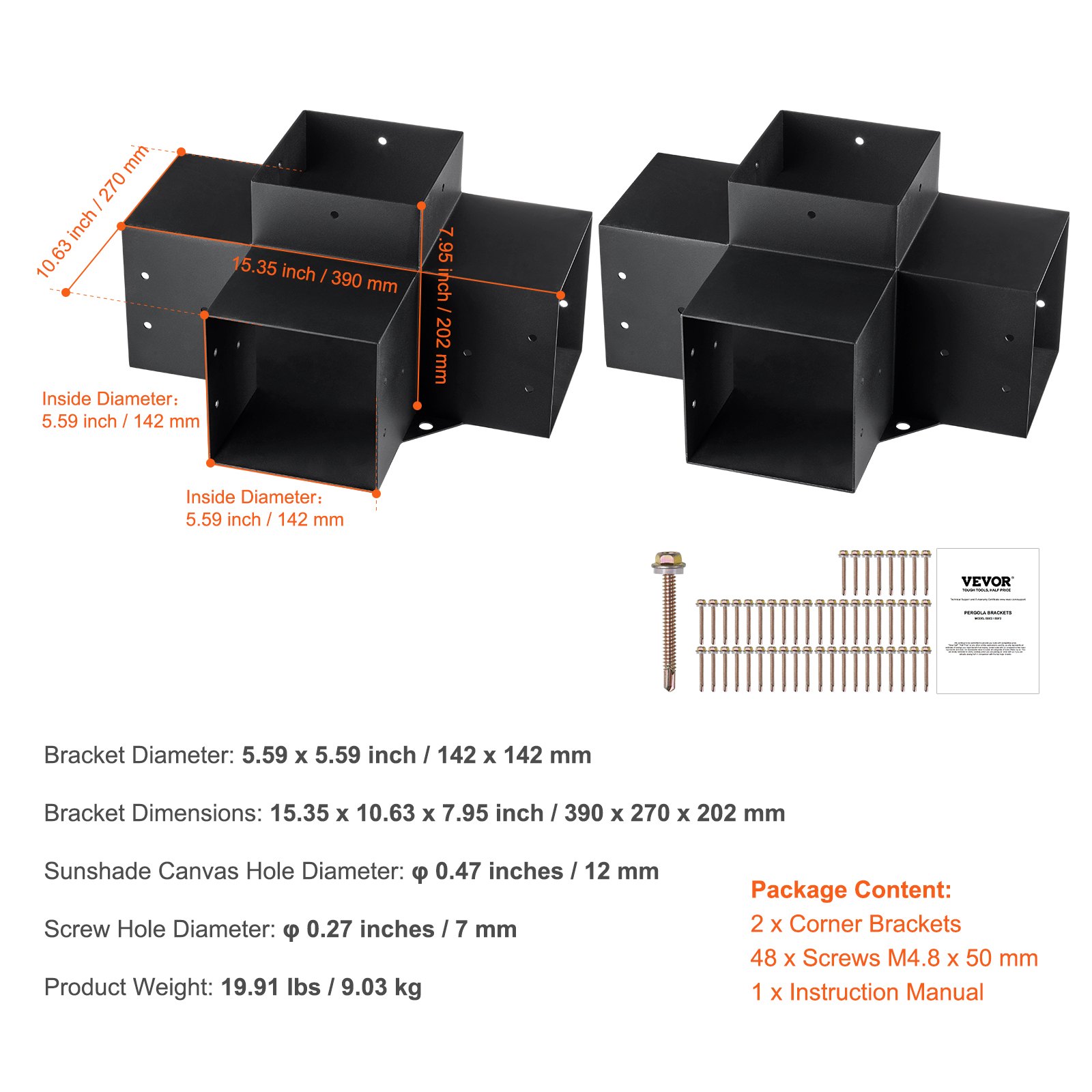 VEVOR set van 2 paalverbinders van 2 mm dikke staalplaten, paalhoek pergola hoekverbinder, houtverbinder 90° bootconstructie hoekbeugel, houten balk prieelbeugelset 390 x 270 x 202 mm