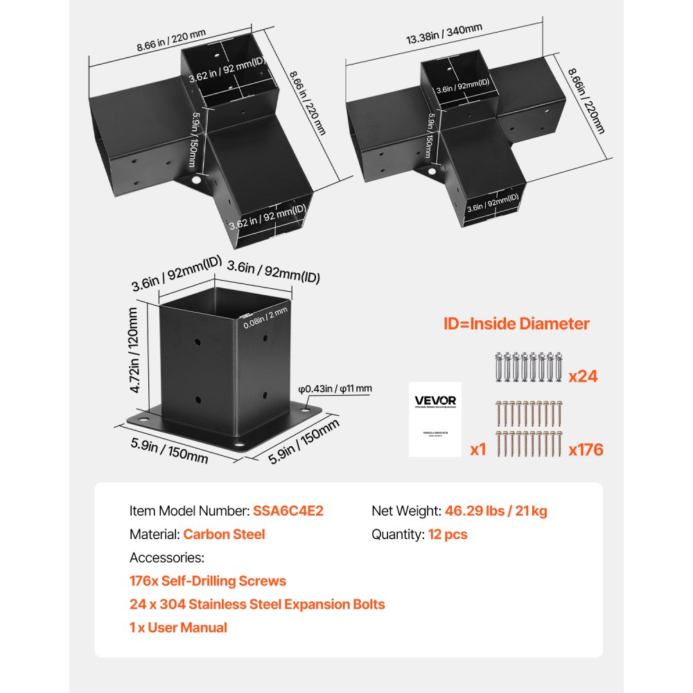 VEVOR Paalverbinder, paalhoek voor palen met een binnenmaat van 92x92 mm, 3-weg (4 stuks) en 4-weg (2 stuks) prieelbeugels met 6 paalvoeten, voor pergola's en prieeltjes