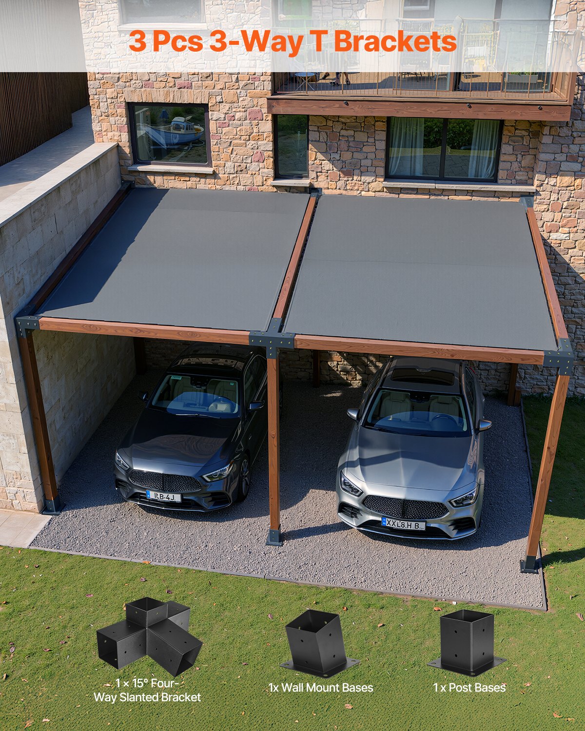 VEVOR 3x paalconnector, 4-voudige schuine beugel voor palen van 92 x 92 mm, hoekpaal van koolstofstaal met paalondersteuning en wandmontagebasis, pergolabeugel voor pergola's en prieeltjes