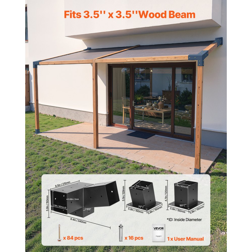 VEVOR paalverbinders, 3-weg hoekbeugels voor houten balken van 92x92 mm, 2-pack pergolabeugels met 2 paalvoeten en 2 wandmontagevoeten, voor pergola's, prieeltjes en buitenschuurtjes
