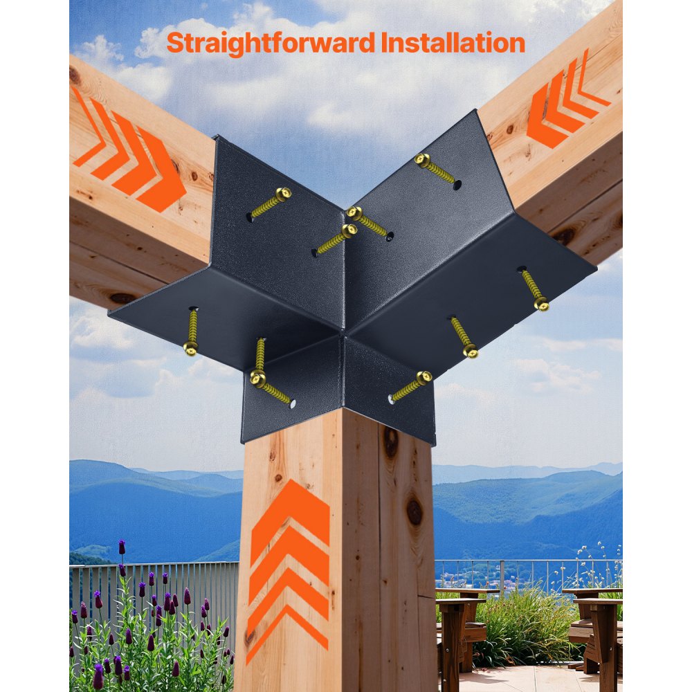 VEVOR paalverbinders, 3-weg hoekbeugels voor houten balken van 92x92 mm, 2-pack pergolabeugels met 2 paalvoeten en 2 wandmontagevoeten, voor pergola's, prieeltjes en buitenschuurtjes