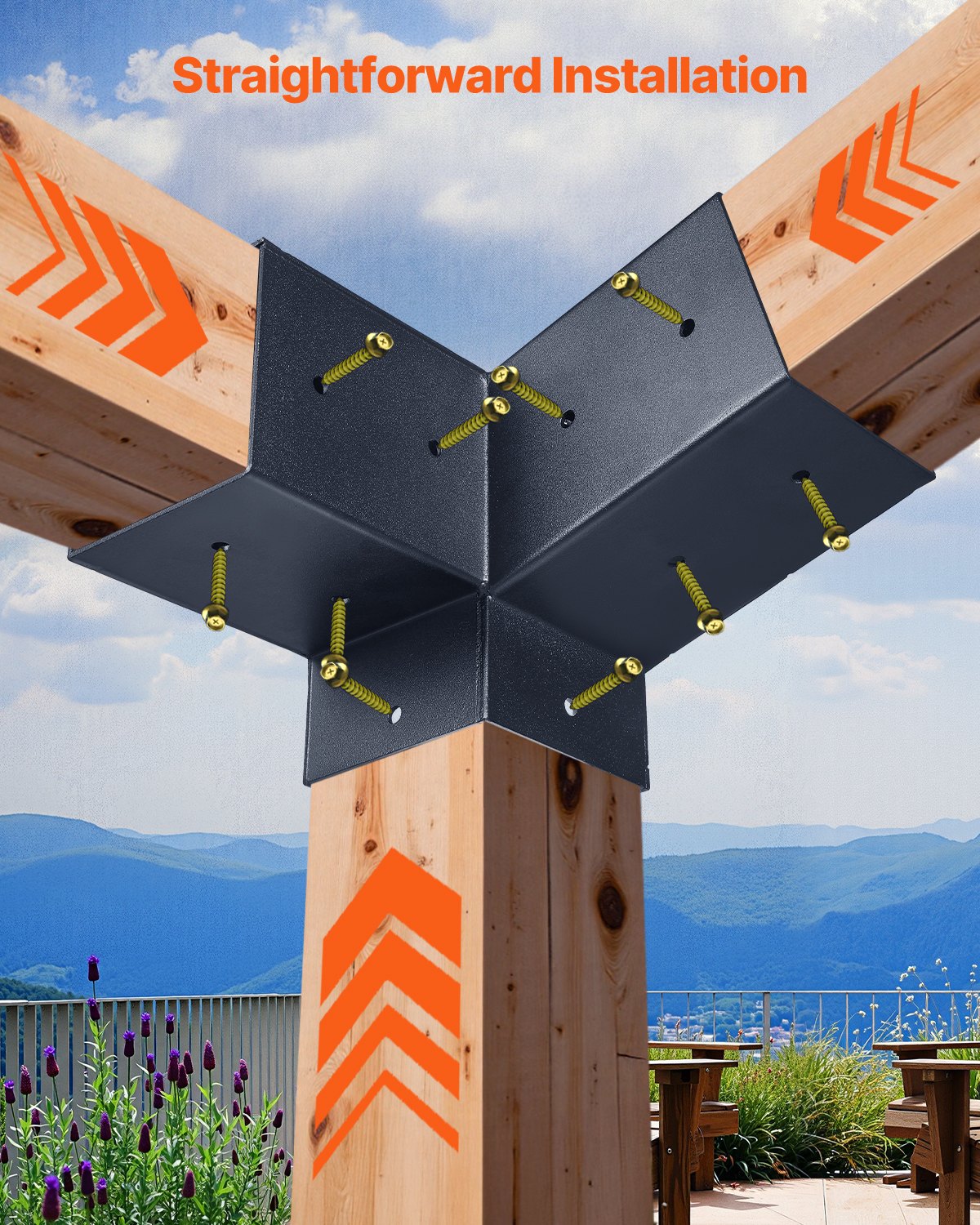 VEVOR paalverbinders, 3-weg hoekbeugels voor houten balken van 92x92 mm, 2-pack pergolabeugels met 2 paalvoeten en 2 wandmontagevoeten, voor pergola's, prieeltjes en buitenschuurtjes