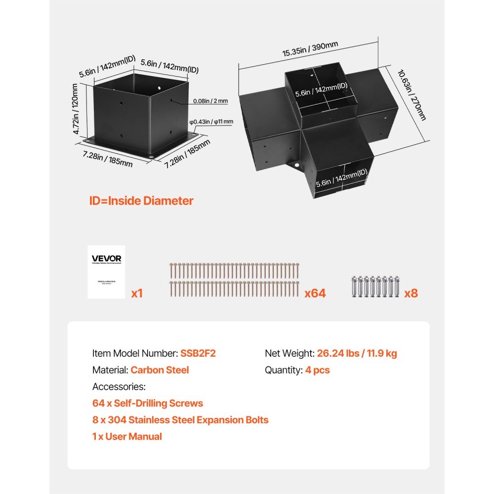 VEVOR paalconnector, geschikt voor palen van 142x142 mm, 4-voudige zware hoekbeugel, Woodworks DIY paalbasisset, paalhoeken voor prieeltjes, pergola's en blokhutten, 4 stuks.