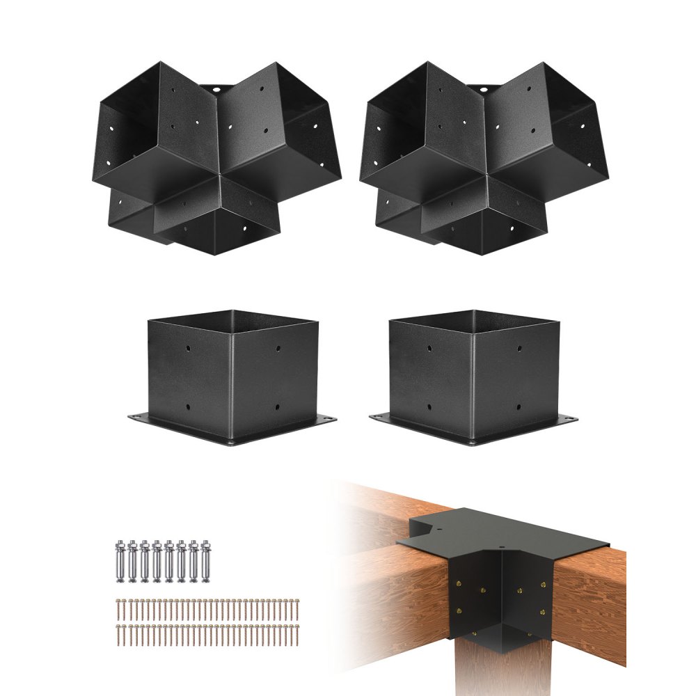 VEVOR paalconnector, geschikt voor palen van 142x142 mm, 4-voudige zware hoekbeugel, Woodworks DIY paalbasisset, paalhoeken voor prieeltjes, pergola's en blokhutten, 4 stuks.