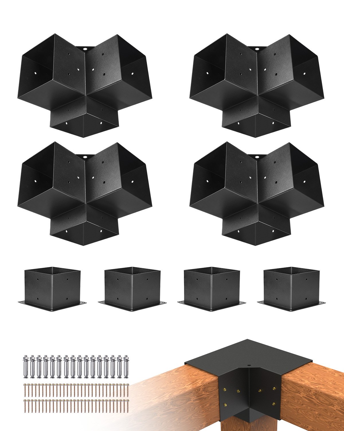 VEVOR paalconnector, paalhoek voor palen van 142 x 142 mm, inclusief 4 stuks 3-weg zware hoekbeugel en 4 stuks paalvoeten, pergolabeugelset voor prieeltjes en terraspergola's
