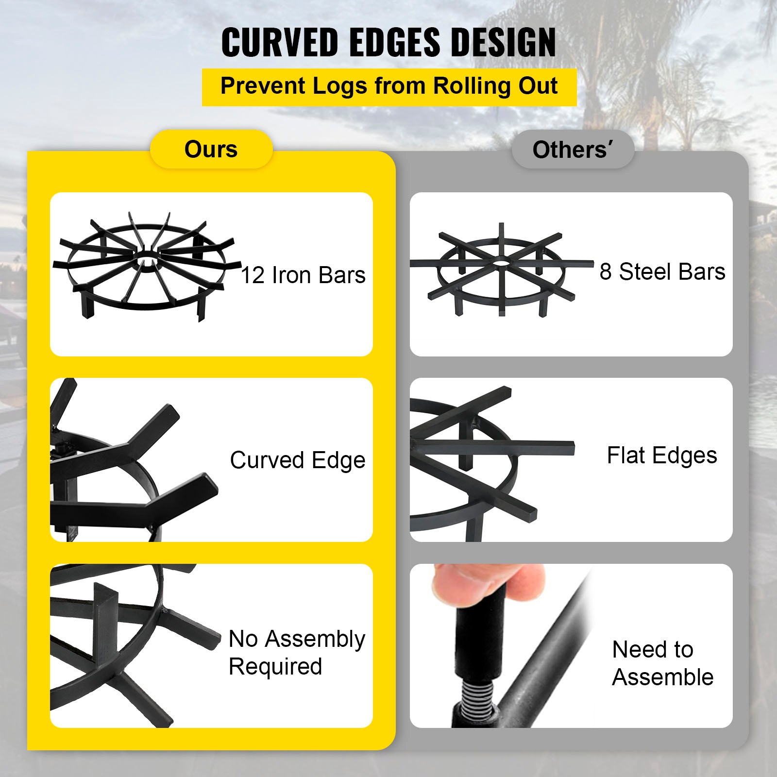 VEVOR Vuurrooster 24inch Vuurplaatsrooster Rond Gietijzer Vuurplaats Wielen