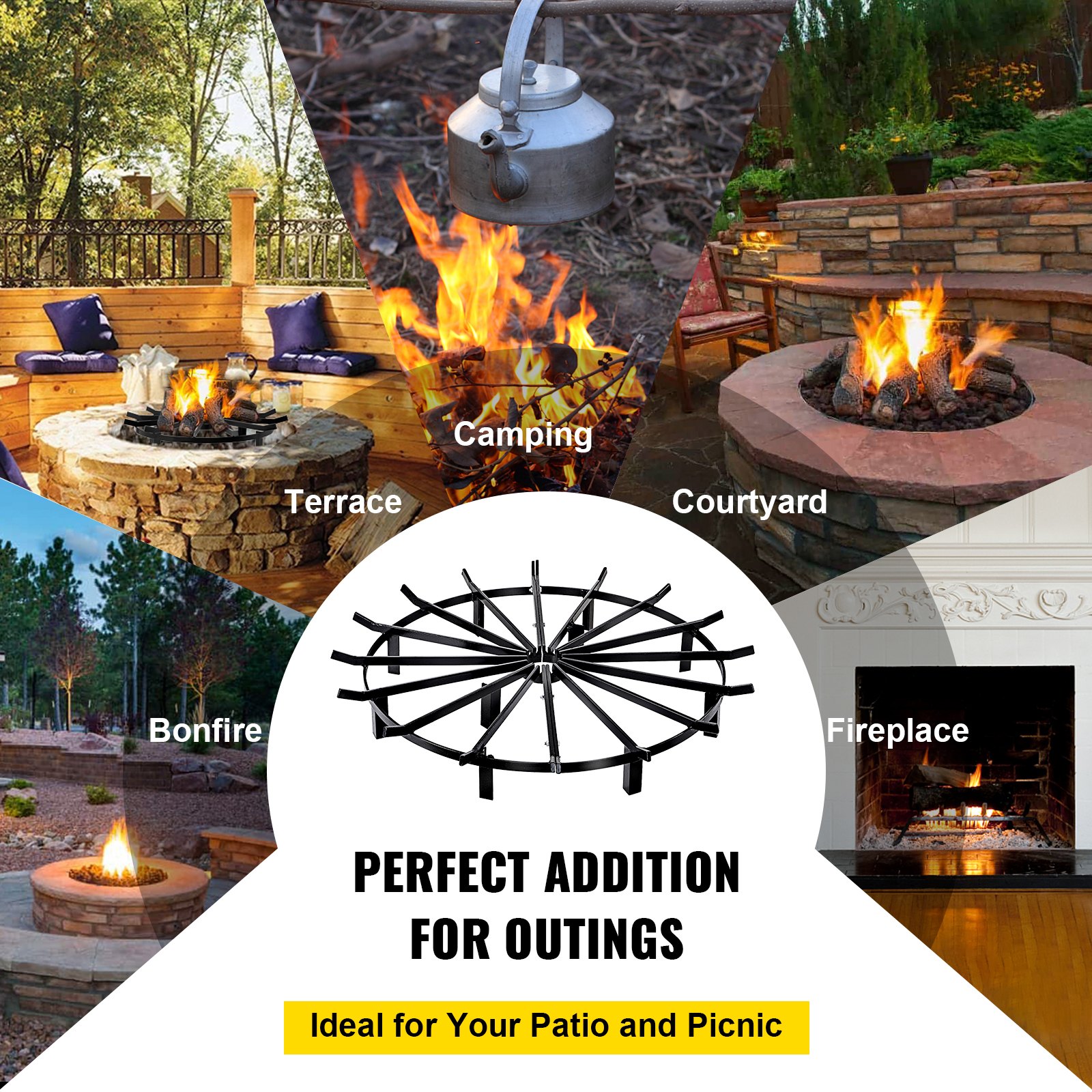 Wheel Fire Grate 36-Inch Diameter Fire Pit Log Grate With 4-Inch High Log Bed Fire Pit Grate Round 3/4-Inch Thick Spokes Fire Pit Wheels 3/8 x1 Inch Support Ring Fire Pit Grates Round, Steel