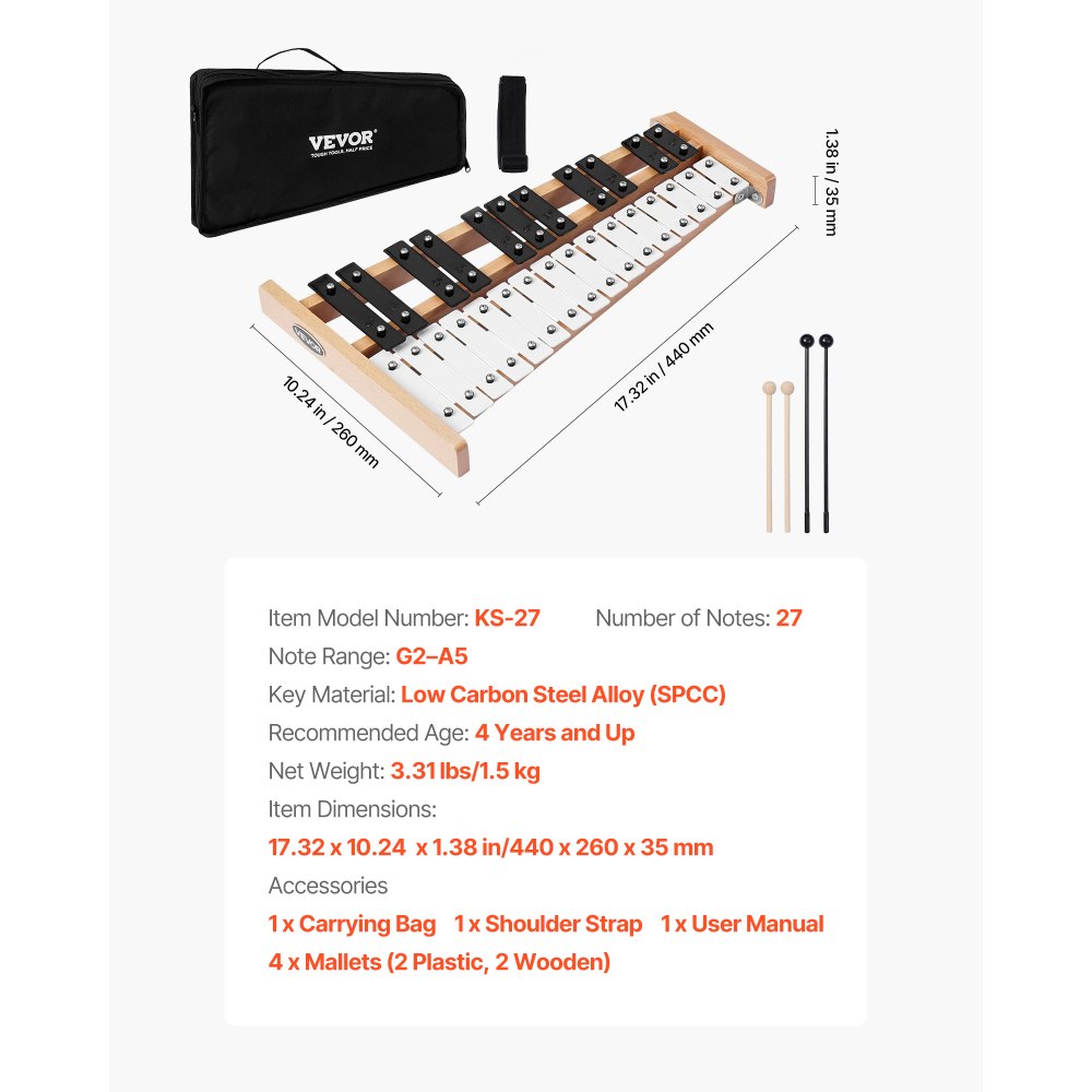 VEVOR Glockenspiel, 27-tonig, professioneel xylofoon-percussie-instrument, met SPCC-toetsen en metalen toetsen, inclusief 4 kloppers, draagtas, muziekinstrument voor beginners, muzieklessen