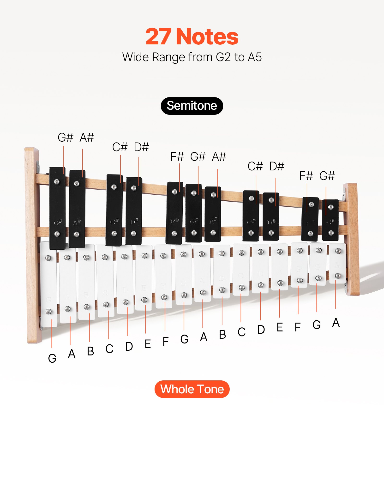 VEVOR Glockenspiel, 27-tonig, professioneel xylofoon-percussie-instrument, met SPCC-toetsen en metalen toetsen, inclusief 4 kloppers, draagtas, muziekinstrument voor beginners, muzieklessen