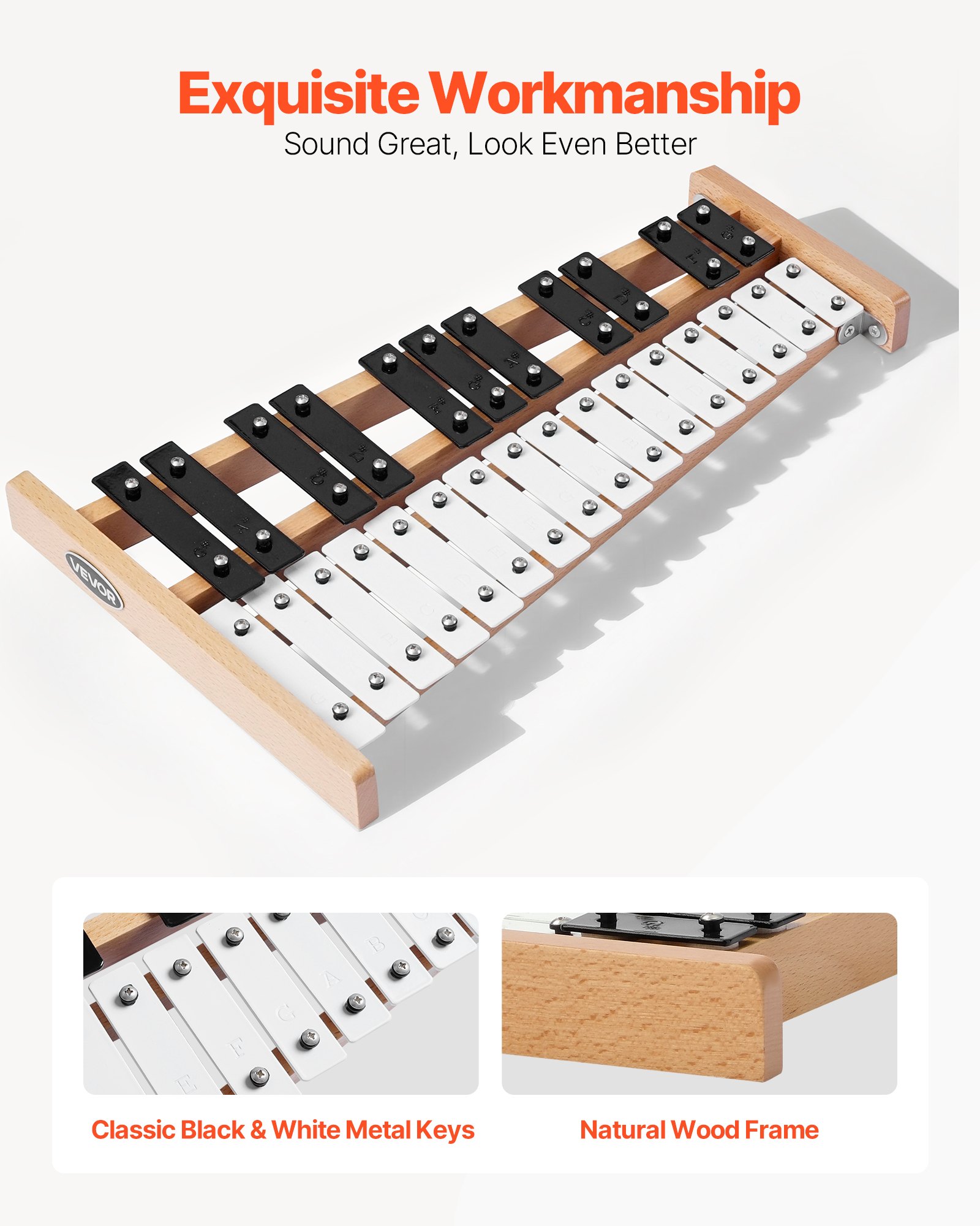 VEVOR Glockenspiel, 27-tonig, professioneel xylofoon-percussie-instrument, met SPCC-toetsen en metalen toetsen, inclusief 4 kloppers, draagtas, muziekinstrument voor beginners, muzieklessen