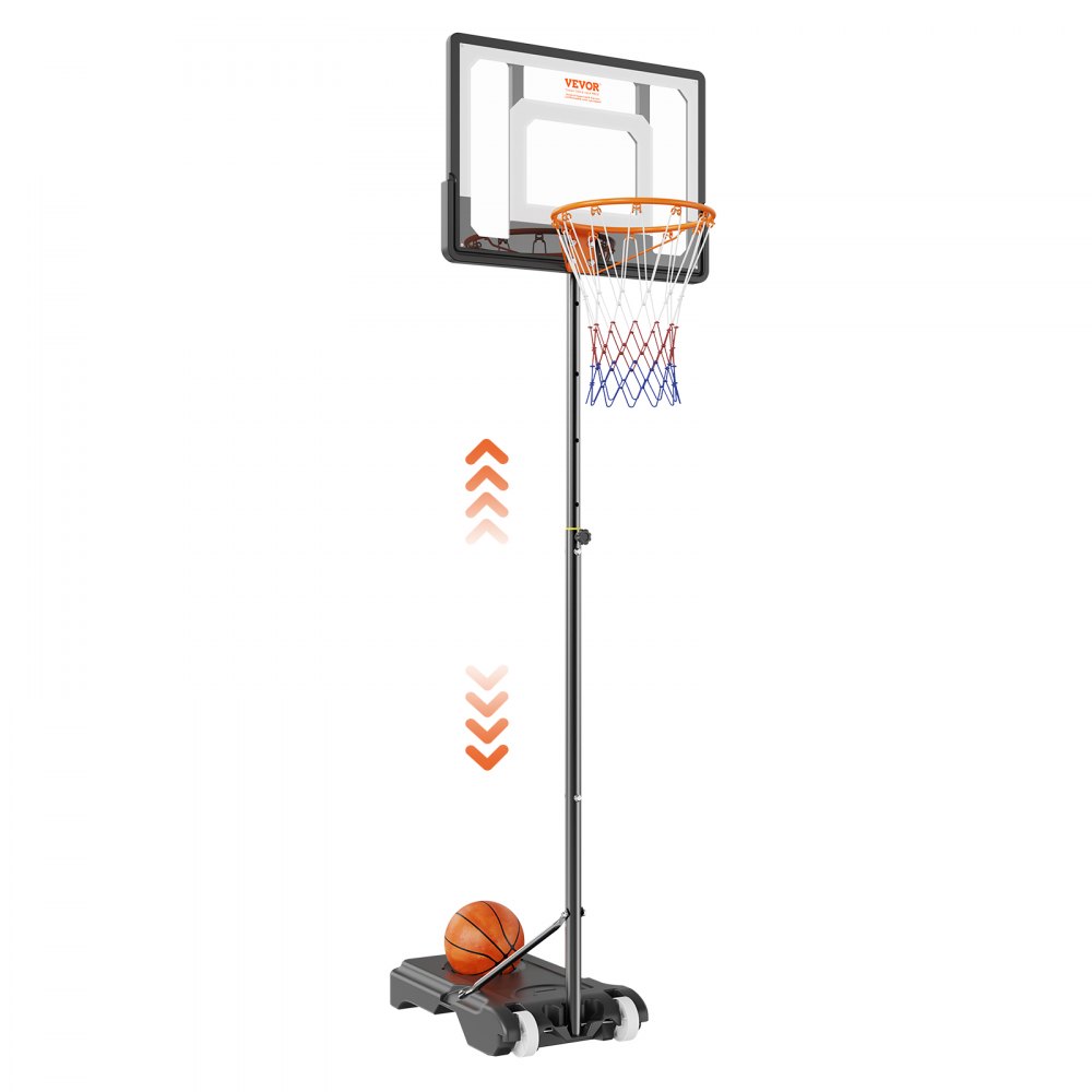 VEVOR basketball hoop with adjustable height and portable base showing a basketball.