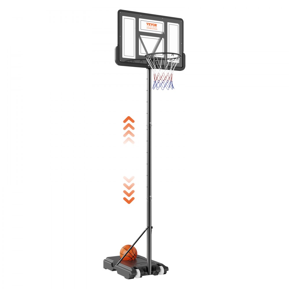 VEVOR basketball hoop with adjustable height and a stable base, featuring an orange basketball.