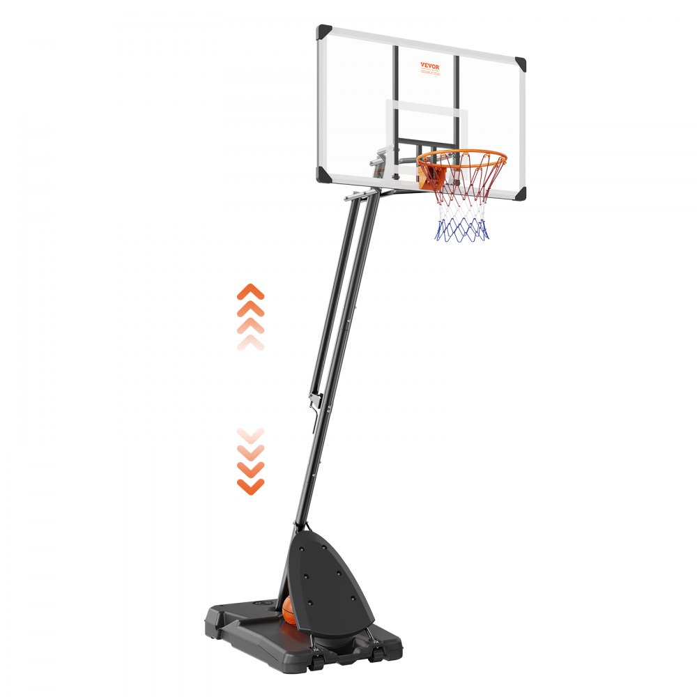 adjustable VEVOR basketball hoop with a black base and clear backboard, featuring height adjustment arrows.