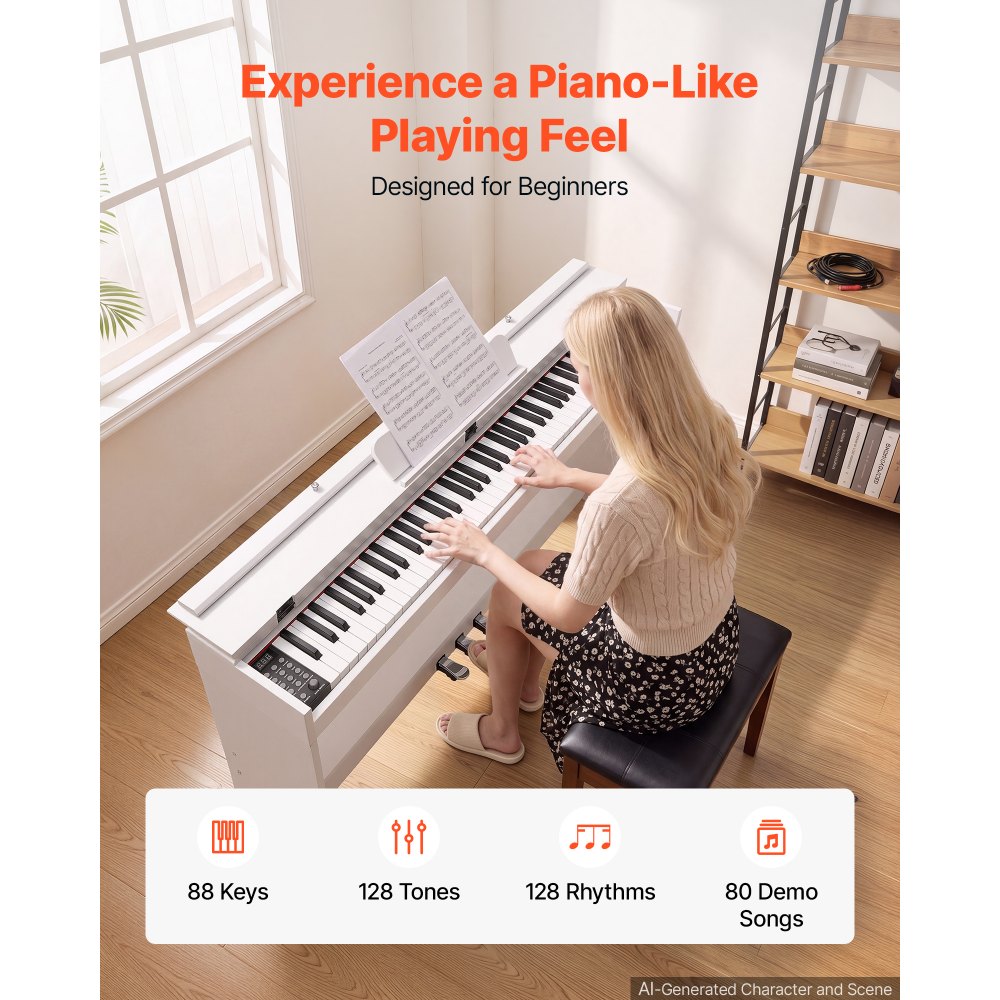VEVOR Digitale Piano met 88 semi-gewogen toetsen, e-piano, HiFi-luidspreker, wit, voor beginners, met 128 klanken, 128 ritmes, USB, MIDI, audio-uitgang, standaard 3,5 mm hoofdtelefoonaansluiting, lessenaar en pedaal.
