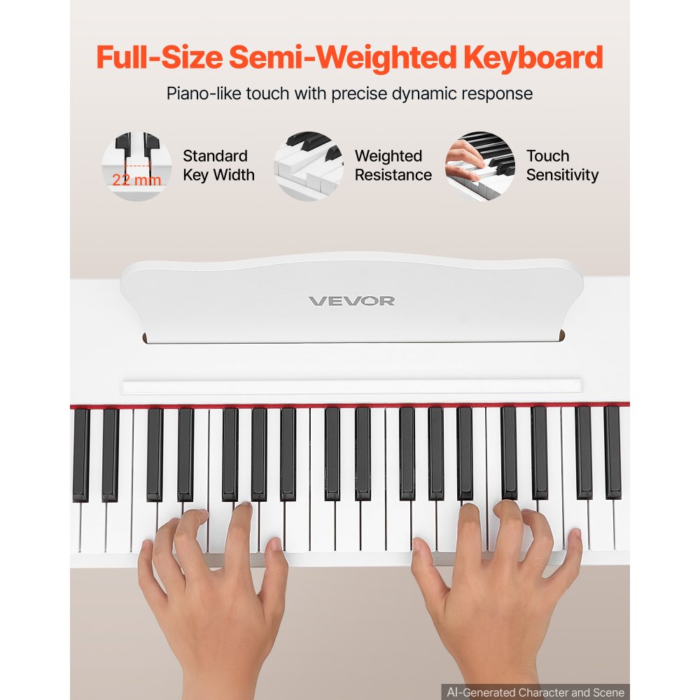 VEVOR Digitale Piano met 88 semi-gewogen toetsen, e-piano, HiFi-luidspreker, wit, voor beginners, met 128 klanken, 128 ritmes, USB, MIDI, audio-uitgang, standaard 3,5 mm hoofdtelefoonaansluiting, lessenaar en pedaal.