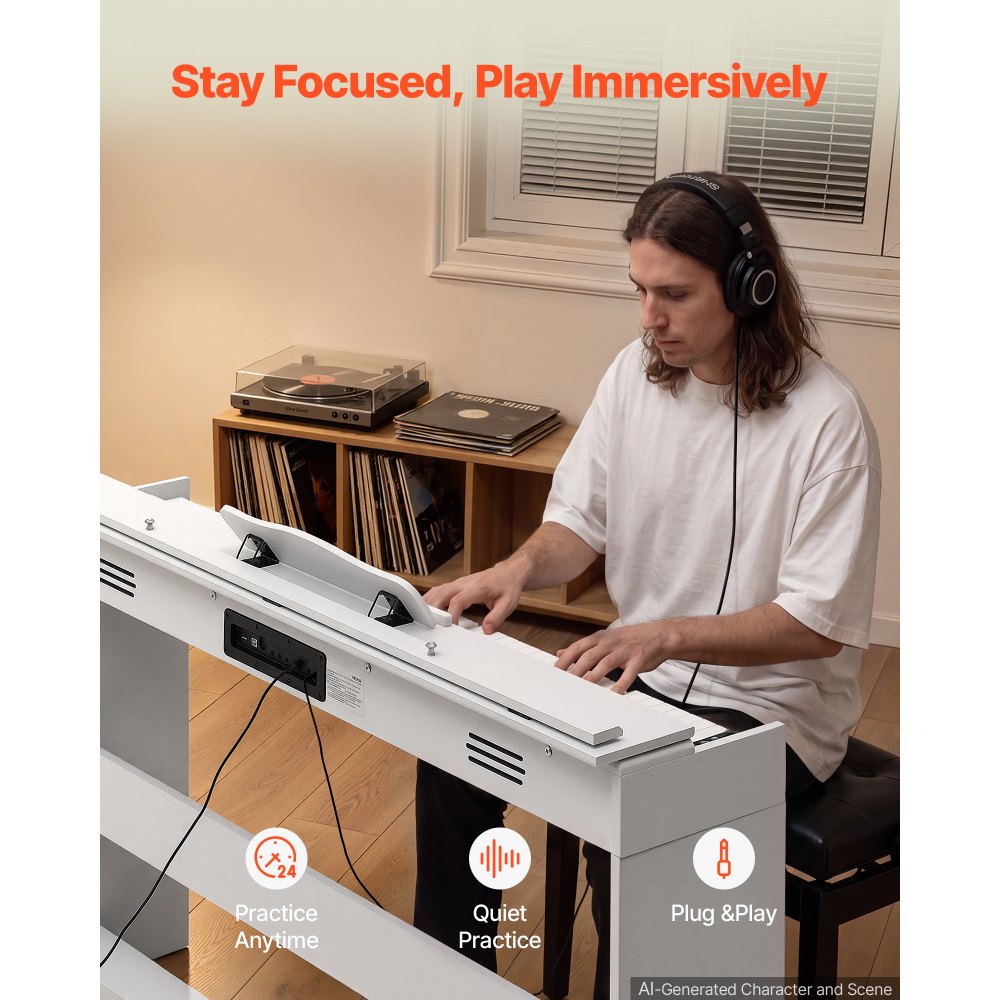VEVOR Digitale Piano met 88 semi-gewogen toetsen, e-piano, HiFi-luidspreker, wit, voor beginners, met 128 klanken, 128 ritmes, USB, MIDI, audio-uitgang, standaard 3,5 mm hoofdtelefoonaansluiting, lessenaar en pedaal.