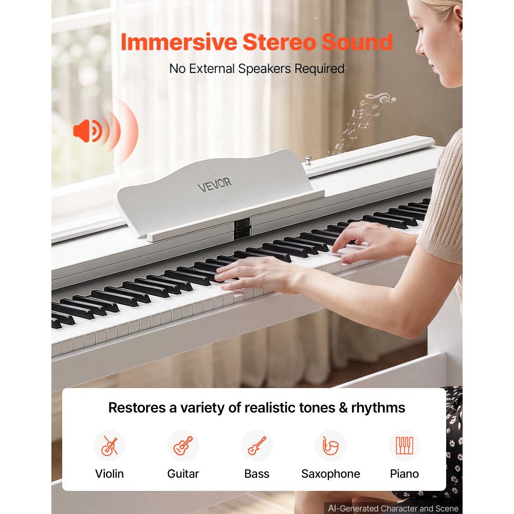 VEVOR Digitale Piano met 88 semi-gewogen toetsen, e-piano, HiFi-luidspreker, wit, voor beginners, met 128 klanken, 128 ritmes, USB, MIDI, audio-uitgang, standaard 3,5 mm hoofdtelefoonaansluiting, lessenaar en pedaal.