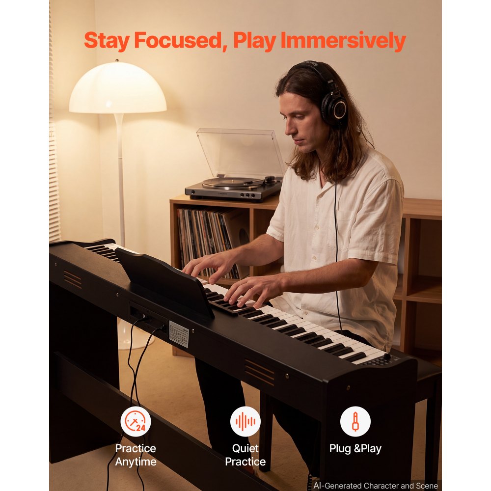 VEVOR Digitale Piano met 88 halfgewogen toetsen en HiFi-luidsprekers, zwart, elektrische piano, ideaal voor beginners, met 600 geluiden, 600 ritmes, USB, MIDI, standaard 3,5 mm hoofdtelefoonaansluiting, lessenaar en pedaal.