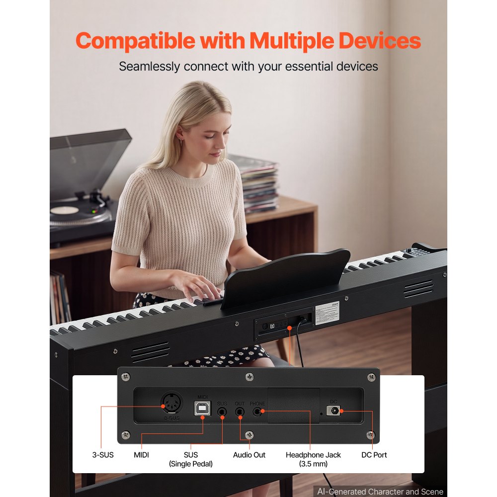 VEVOR Digitale Piano met 88 halfgewogen toetsen en HiFi-luidsprekers, zwart, elektrische piano, ideaal voor beginners, met 600 geluiden, 600 ritmes, USB, MIDI, standaard 3,5 mm hoofdtelefoonaansluiting, lessenaar en pedaal.