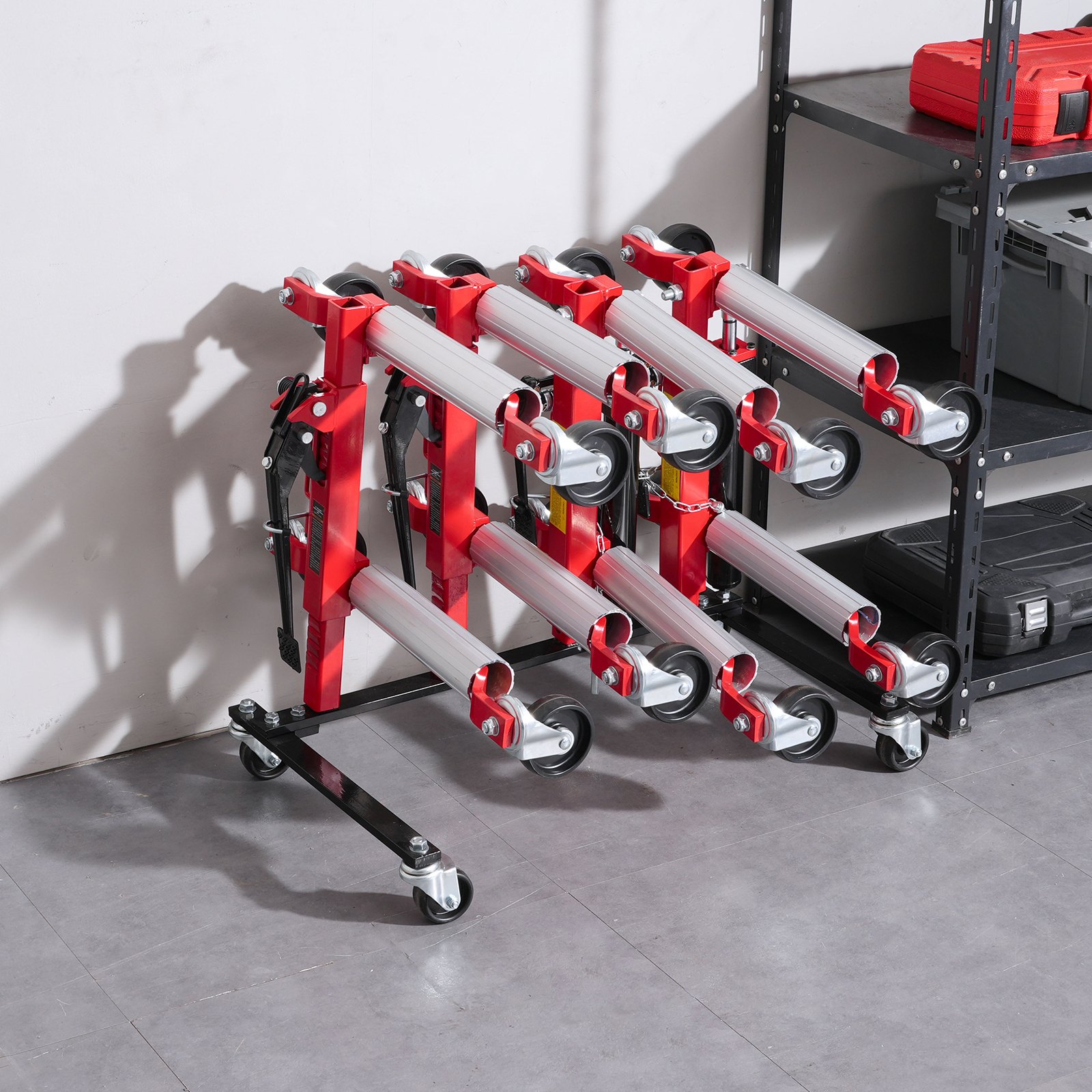 VEVOR Car Dolly Rack, Storage Rack with 360° Rotatable Wheels, Hydraulic Ratchet Trolley Jack Stand Organizer, Jack Stands Holder Storage Rack, 4-Dolly Capacity, Compatible with Most Dollies