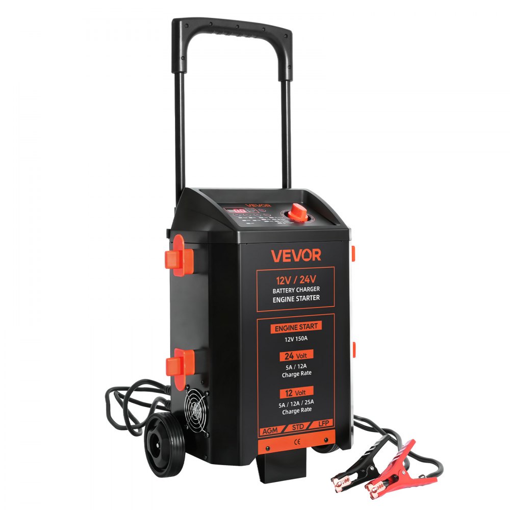 VEVOR draagbare autolader 12/24V 150A met starthulpfunctie voor auto's, SUV's, lichte bedrijfswagens en bestelwagens, 9-traps automatisch laadsysteem voor loodzuur- en lithiumbatterijen.