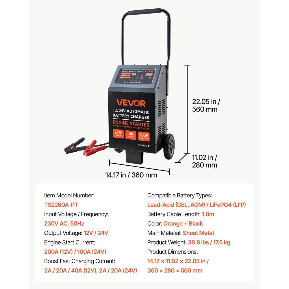 VEVOR 12V/24V Wheeled Battery Charger 200A/100A Car Charger Engine Starter, Heavy Duty Automotive Car Battery Maintainer, Fully Automatic, with Wheels, Compatible with Lead-Acid and Lithium Batteries
