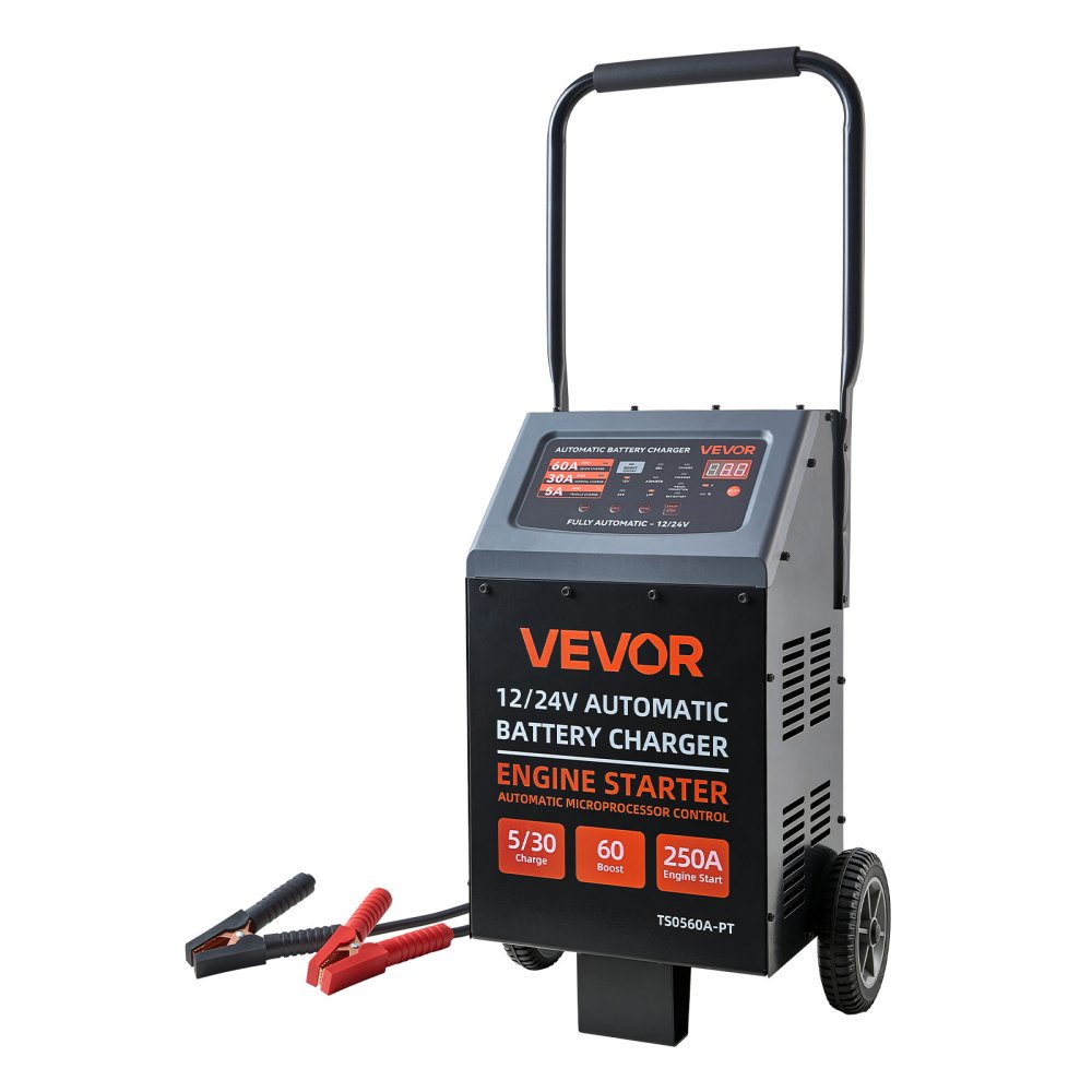 VEVOR 12V/24V Wheeled Battery Charger 250A/125A Car Charger Engine Starter, Heavy Duty Automotive Car Battery Maintainer, Fully Automatic, with Wheels, Compatible with Lead-Acid and Lithium Batteries