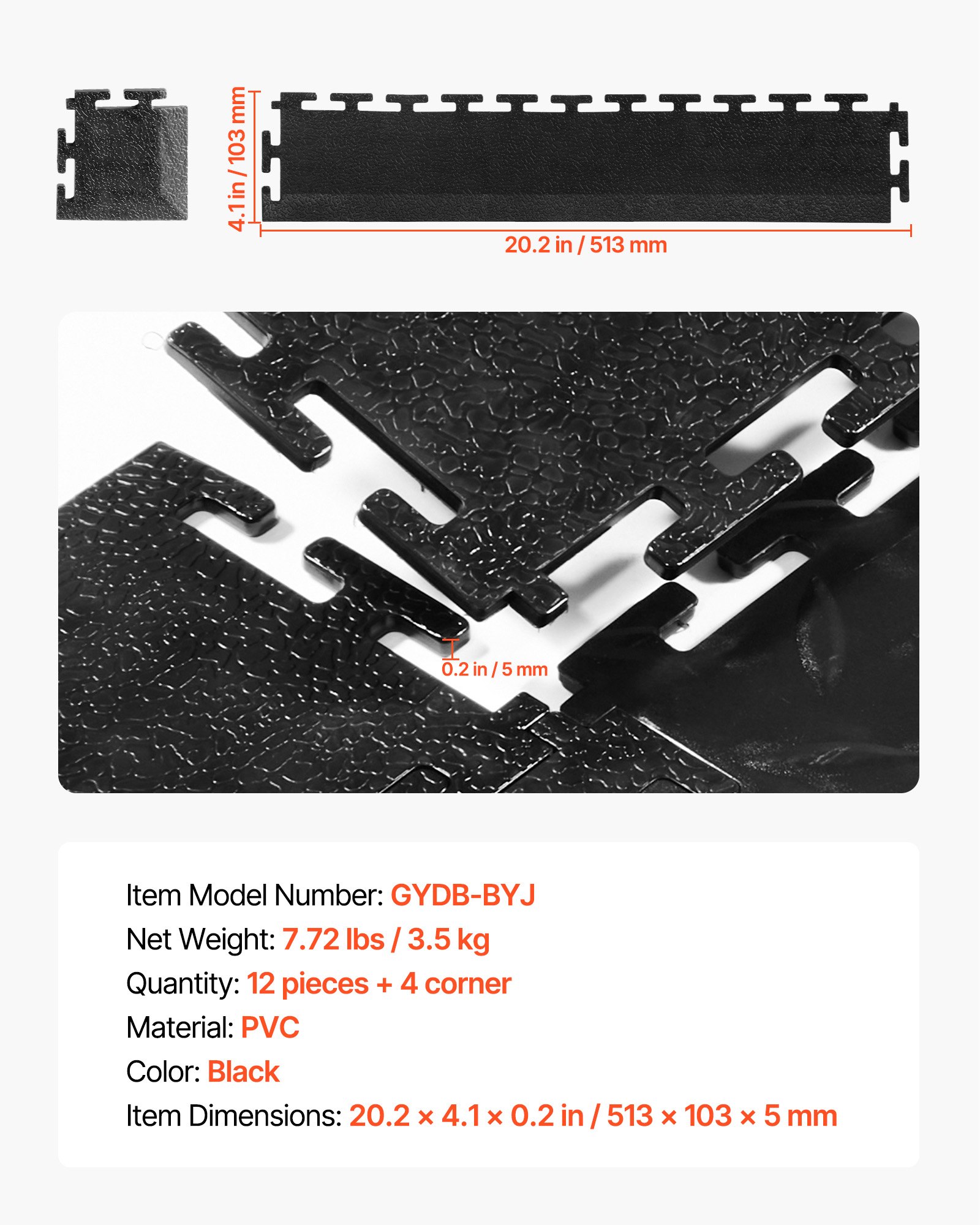 VEVOR Garagevloerrandafwerking, mannelijk, set van 12 stuks, 4 hoeken, klikmontage, PVC garagevloerrand, antislip, alleen compatibel met 4-zijdig in elkaar grijpende VEVOR-matten, zwart