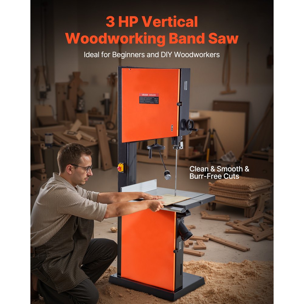 VEVOR lintzaag, zaagbreedte 457 mm, lintzaag met 2240 W motor (3 pk), maximale zaaghoogte 406 mm, gietijzeren tafel van 690 x 510 mm, met 360° werkverlichting, verstekgeleider, parallelgeleider.