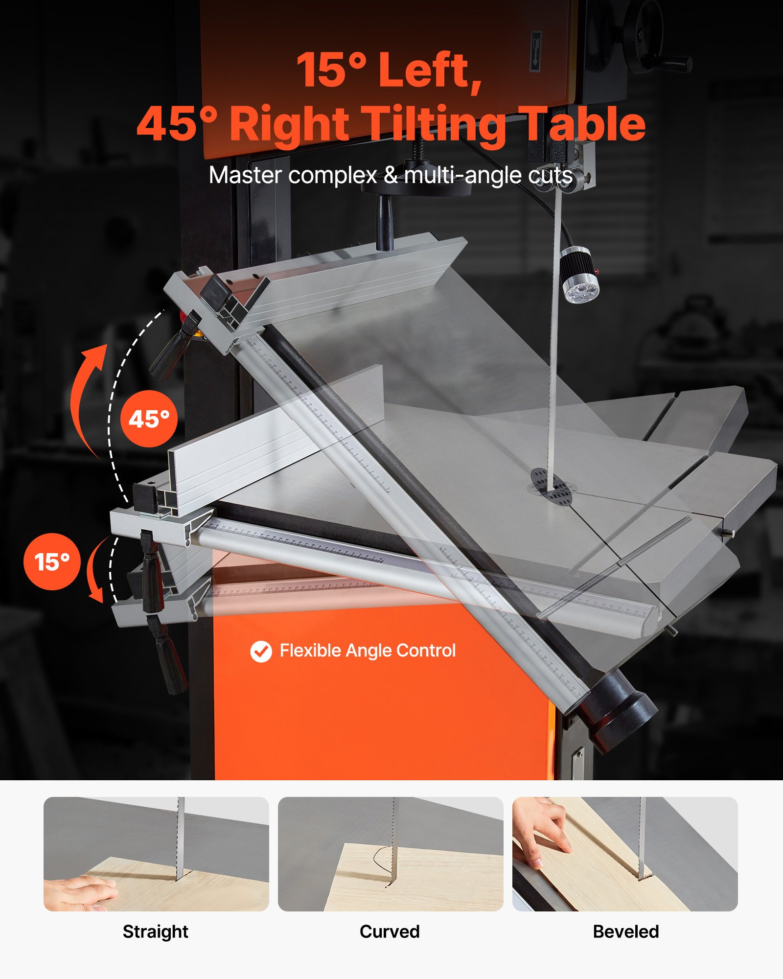 VEVOR Woodworking Bandsaw, 18-Inch, Band Saw with 2240W 3HP Motor, 16-Inch Maximum Cutting Height, 27.2 x 20 in Cast Iron Table, with 360° Work Light, Miter Gauge, Fence, Band Saw for Woodworking