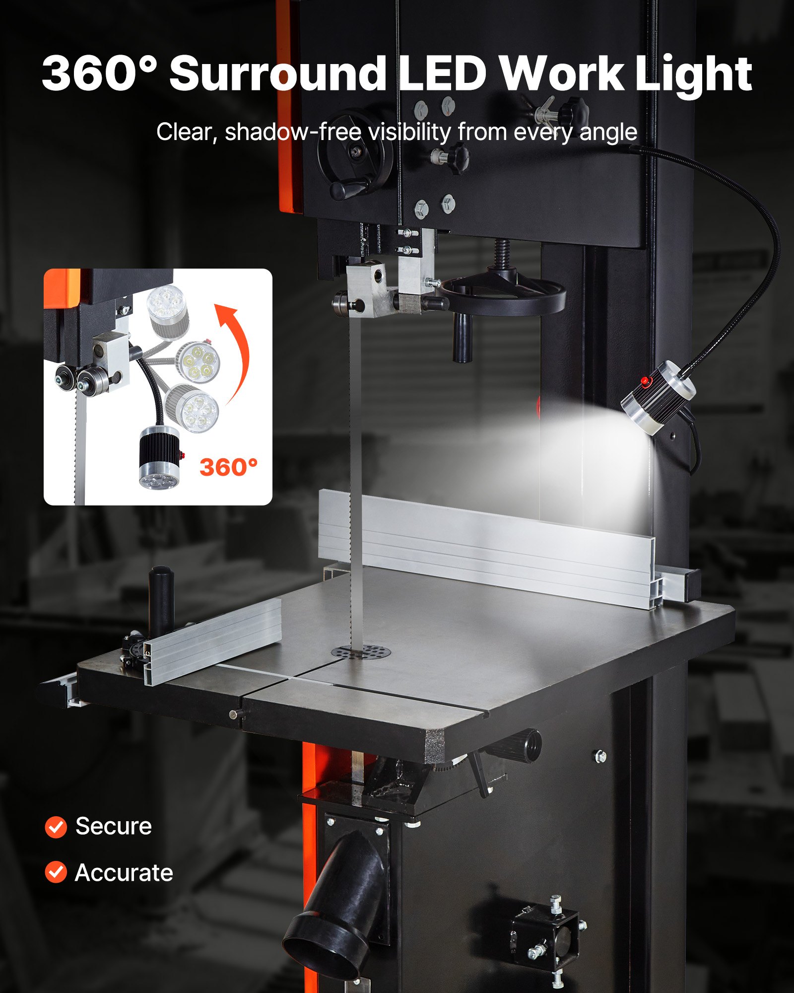 VEVOR Woodworking Bandsaw, 18-Inch, Band Saw with 2240W 3HP Motor, 16-Inch Maximum Cutting Height, 27.2 x 20 in Cast Iron Table, with 360° Work Light, Miter Gauge, Fence, Band Saw for Woodworking