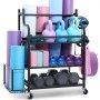 VEVOR Home Gym Opbergrek Opbergstandaard Yoga Mat Houder (3 Lagen), Yoga Mat Gewichthefrek met Wielen en Haken, Haltergewichthefrek voor Thuis Fitnessapparatuur