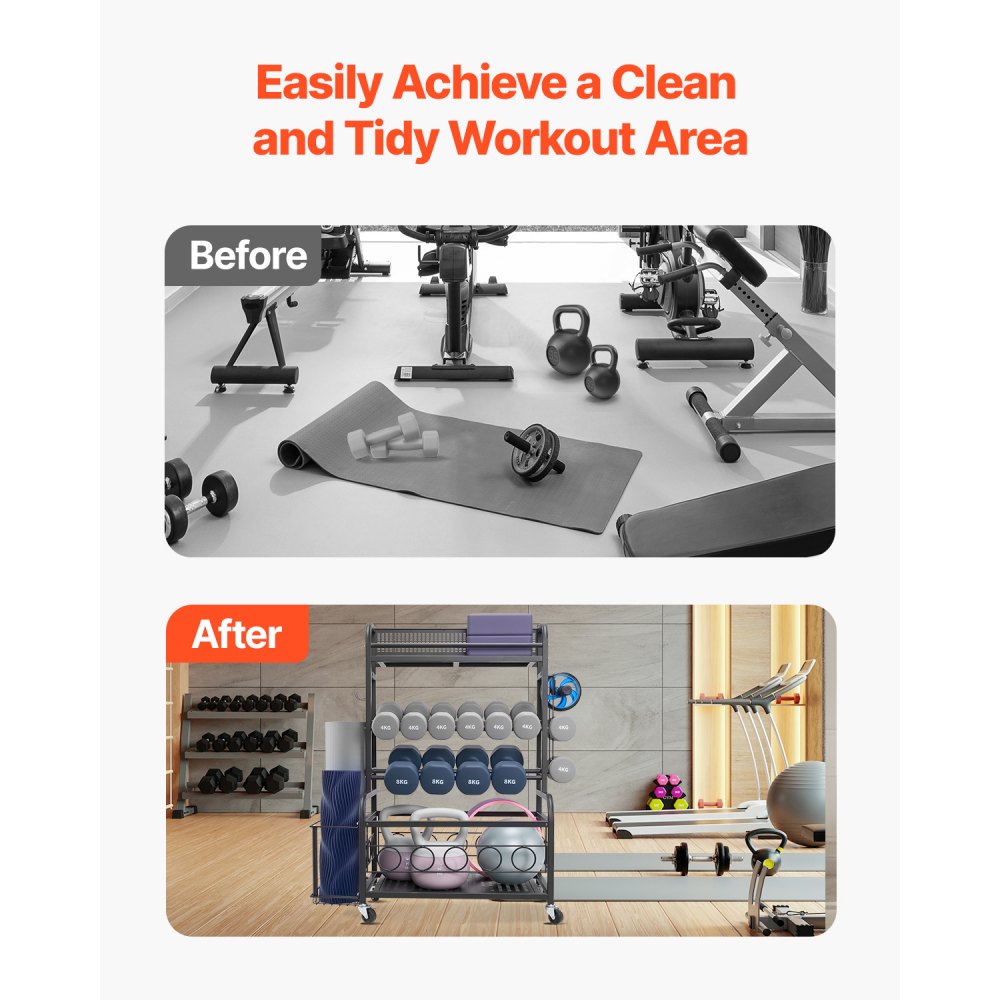 VEVOR Home Gym Opbergrek Opbergstandaard Yoga Mat Houder (4 Lagen), Yoga Mat Gewichthefrek met Wielen en Haken, Haltergewichthefrek voor Thuis Fitnessapparatuur