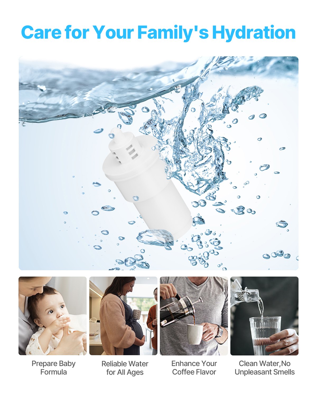 VEVOR Waterfilter Vervanging met 0,3 L/min Debiet voor Kannen en Dispensers (3-pack) BPA-vrij, Gaat 3 maanden mee of 150 L, Vermindert kalkaanslag, lood, chloor, voor Waterfilterkan 6216 Wit