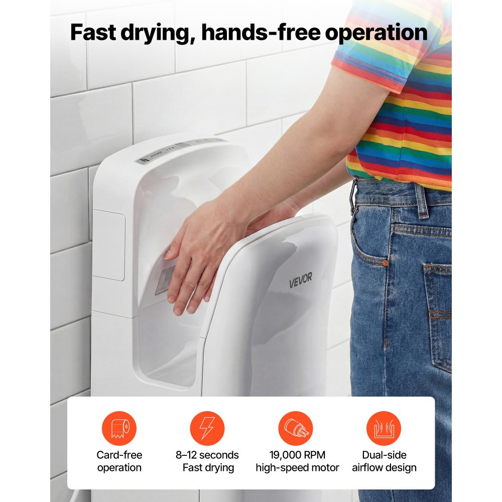 VEVOR verticale handdroger, elektrische handdroger met HEPA-filter, motor van 19000 tpm en dubbele luchtstroom, automatische ABS-wandhanddroger met negatieve ionen voor commercieel gebruik, wit