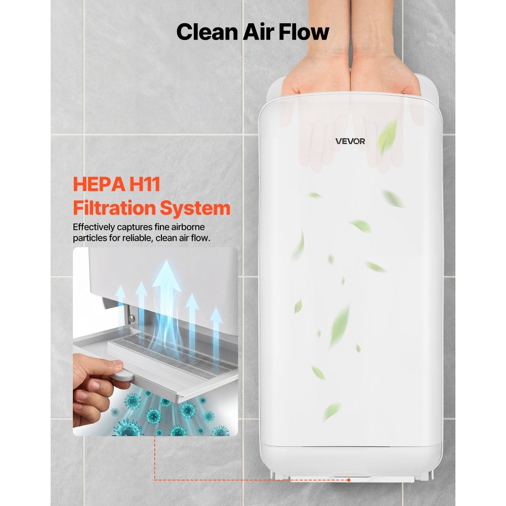 VEVOR verticale handdroger, elektrische handdroger met HEPA-filter, motor van 19000 tpm en dubbele luchtstroom, automatische ABS-wandhanddroger met negatieve ionen voor commercieel gebruik, wit