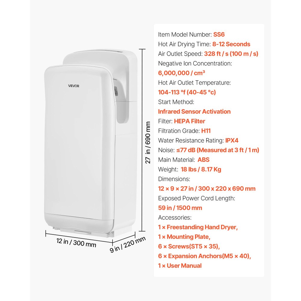 VEVOR verticale handdroger, elektrische handdroger met HEPA-filter, motor van 19000 tpm en dubbele luchtstroom, automatische ABS-wandhanddroger met negatieve ionen voor commercieel gebruik, wit