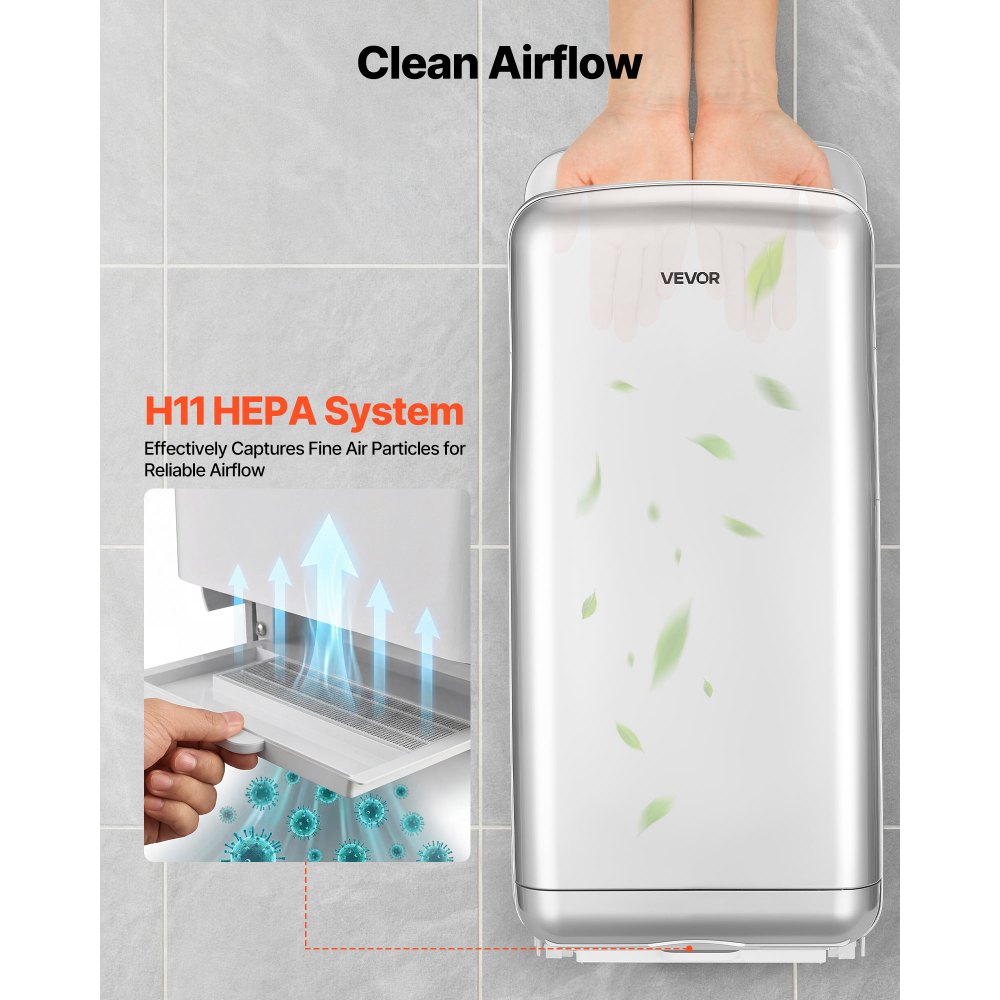 VEVOR verticale handdroger, elektrische handdroger met HEPA-filter, motor van 19000 tpm en dubbele luchtstroom, automatische ABS-wandhanddroger met negatieve ionen voor commercieel gebruik, zilverkleurig