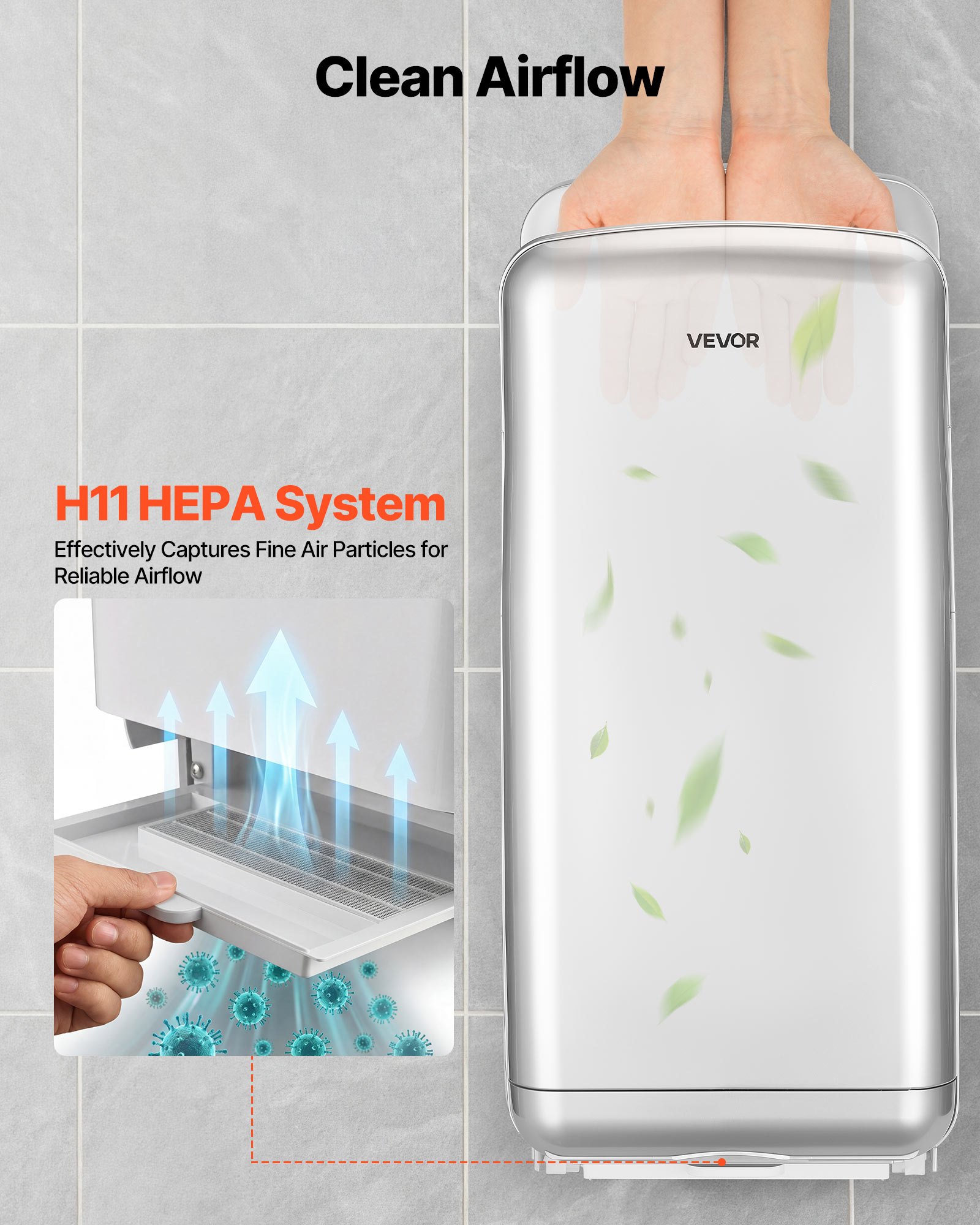 VEVOR verticale handdroger, elektrische handdroger met HEPA-filter, motor van 19000 tpm en dubbele luchtstroom, automatische ABS-wandhanddroger met negatieve ionen voor commercieel gebruik, zilverkleurig