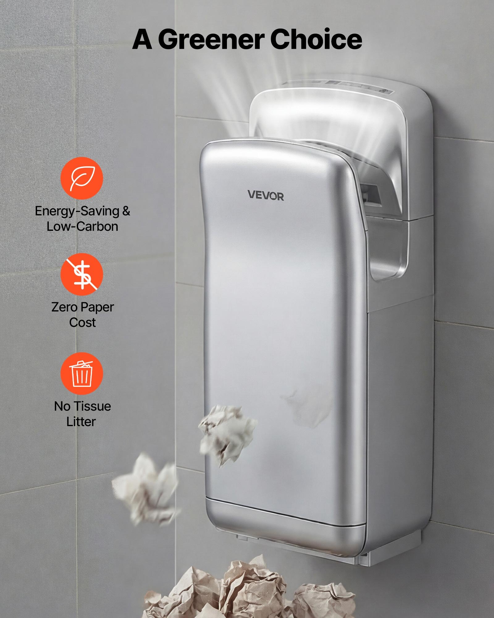 VEVOR verticale handdroger, elektrische handdroger met HEPA-filter, motor van 19000 tpm en dubbele luchtstroom, automatische ABS-wandhanddroger met negatieve ionen voor commercieel gebruik, zilverkleurig