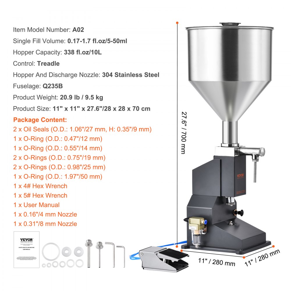 VEVOR 5-50ml vulmachine Handmatige vloeistofvulmachine gemaakt van roestvrij staal 304 van voedingskwaliteit Siliconen PTFE compatibel met 500W luchtcompressor Vulmachine voor het vullen van honingolie-essence