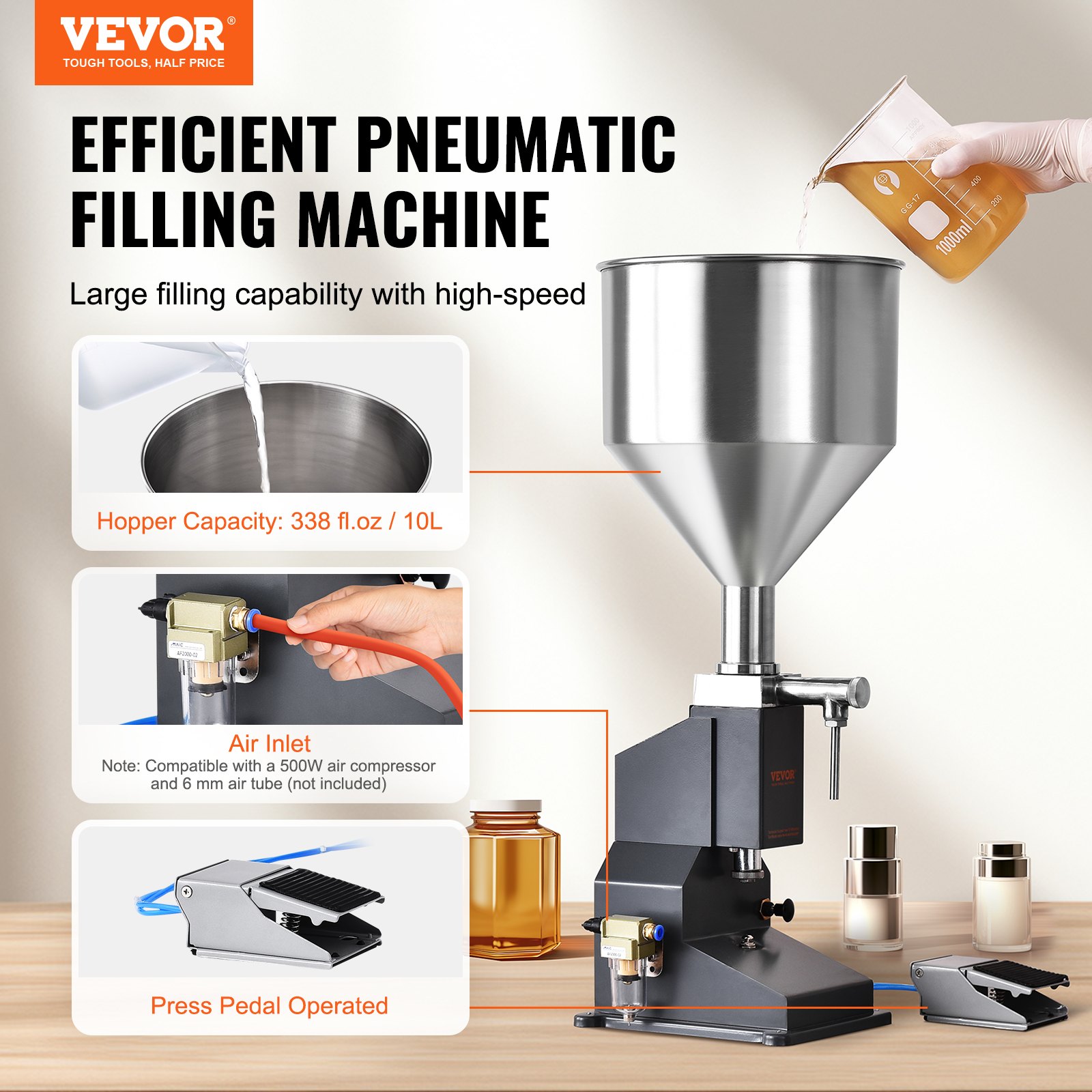 VEVOR 5-50ml vulmachine Handmatige vloeistofvulmachine gemaakt van roestvrij staal 304 van voedingskwaliteit Siliconen PTFE compatibel met 500W luchtcompressor Vulmachine voor het vullen van honingolie-essence
