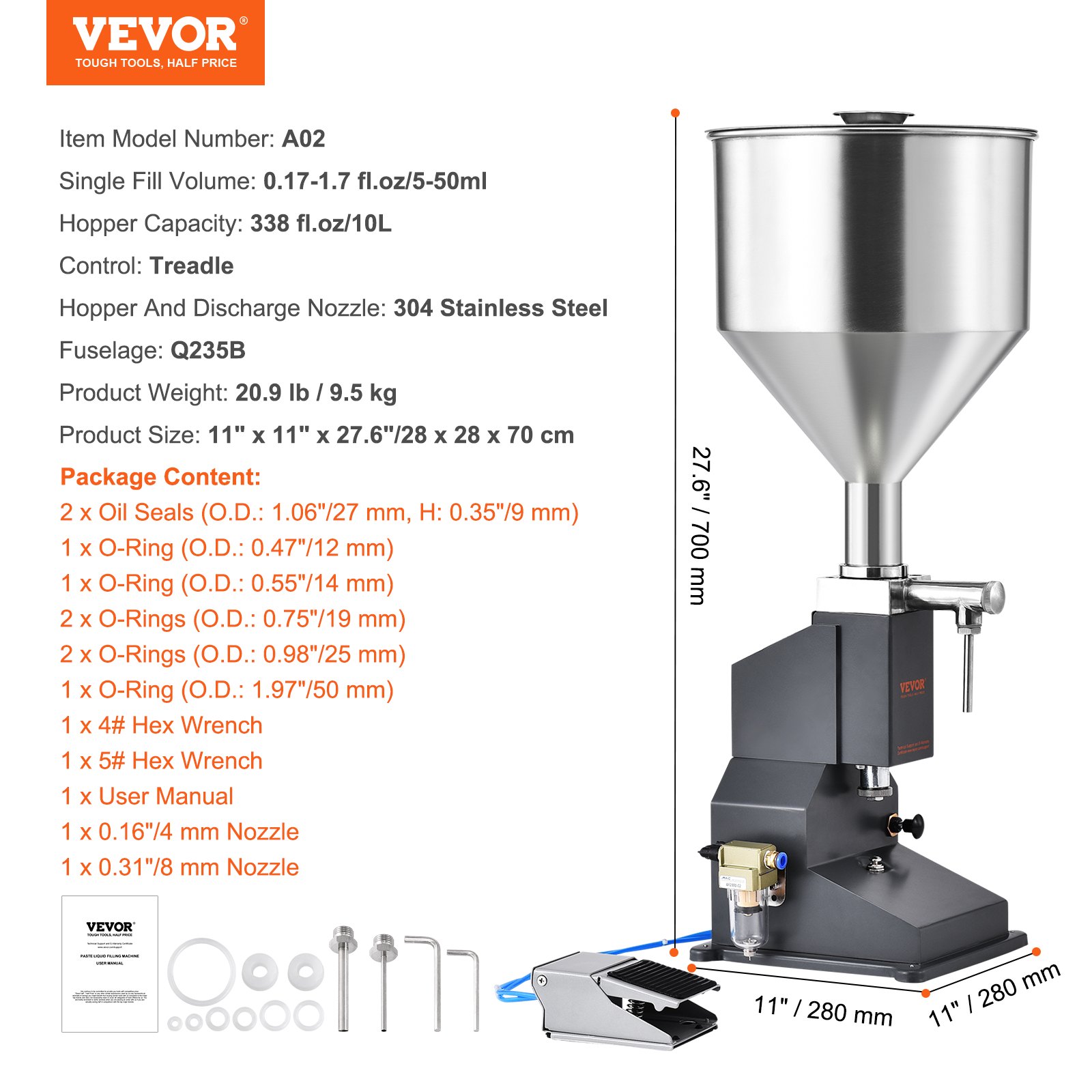 VEVOR 5-50ml vulmachine Handmatige vloeistofvulmachine gemaakt van roestvrij staal 304 van voedingskwaliteit Siliconen PTFE compatibel met 500W luchtcompressor Vulmachine voor het vullen van honingolie-essence