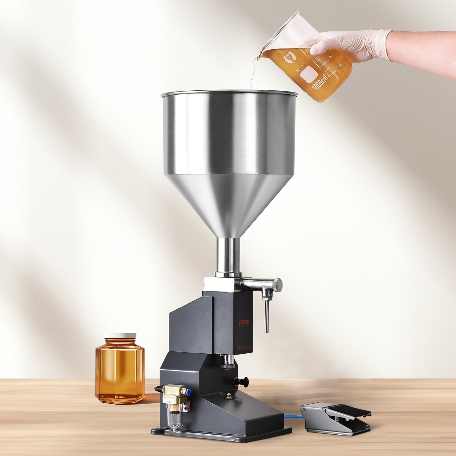 VEVOR 5-50ml vulmachine Handmatige vloeistofvulmachine gemaakt van roestvrij staal 304 van voedingskwaliteit Siliconen PTFE compatibel met 500W luchtcompressor Vulmachine voor het vullen van honingolie-essence