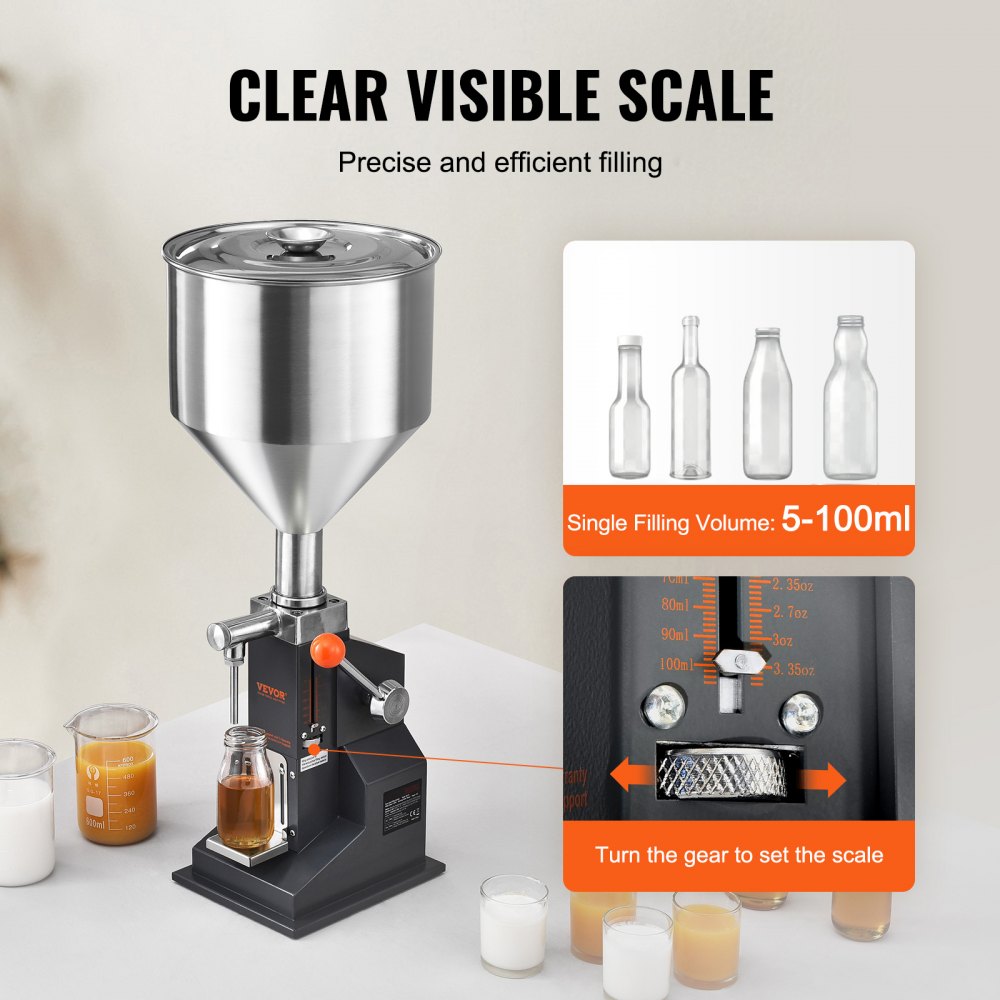 VEVOR 5-100 ml vulmachine Handmatige vloeistofvulmachine gemaakt van roestvrij staal 304 van levensmiddelenkwaliteit Siliconen PTFE vulmachine Incl. twee spuitmonden 4 mm / 8 mm ideaal voor het vullen van honingolie-essence